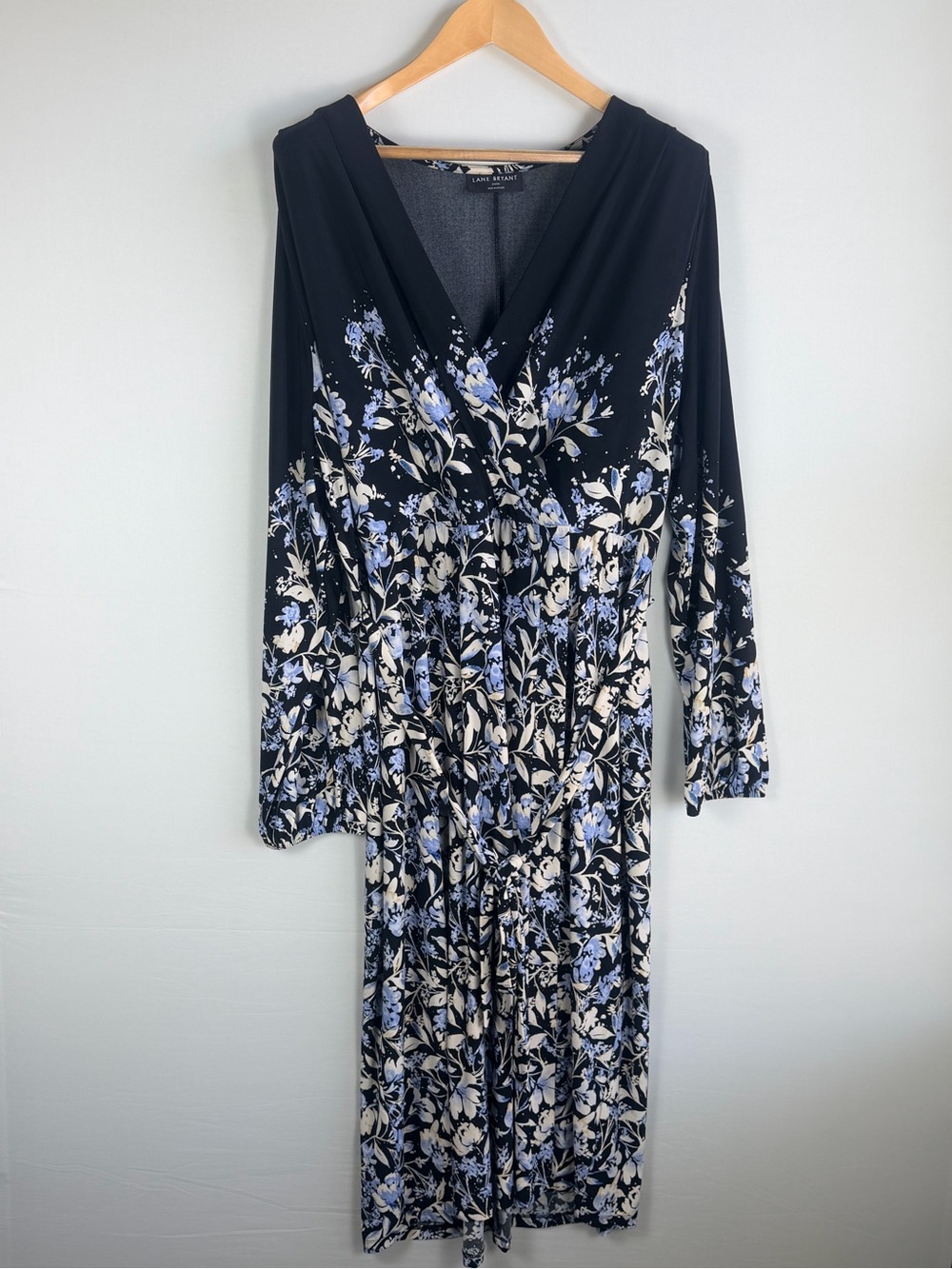 Lane Bryant Floral Maxi Dress Size 22/24 Black Blue Long Sleeve V Neck